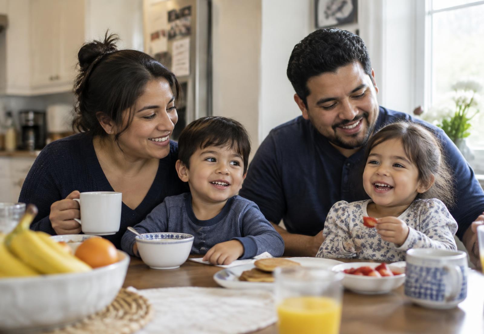 A family sharing breakfast together at their kitchen table